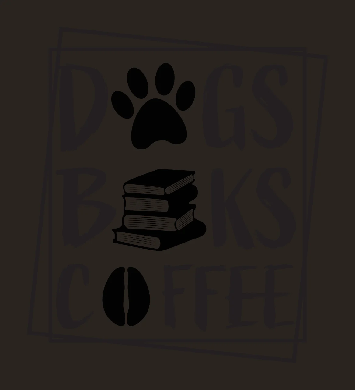 DOGS BOOKS COFFEE Typography Design with Dogs Books Coffee text, paw print, stacked books and coffee bean in black and white contrast preview thumbnail