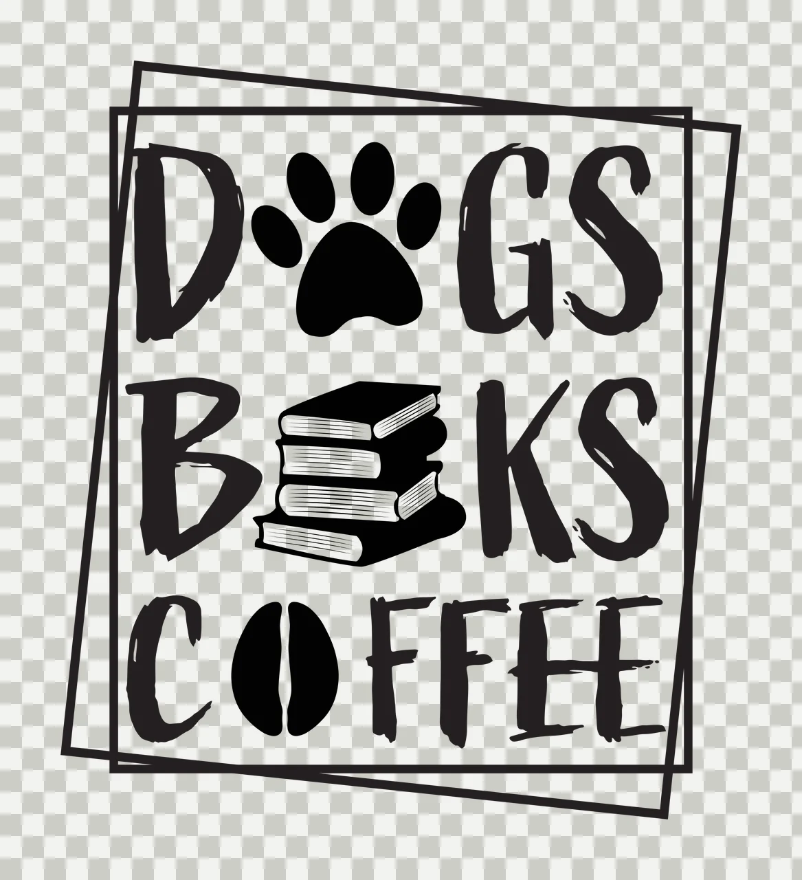 DOGS BOOKS COFFEE Typography Design with Dogs Books Coffee text, paw print, stacked books and coffee bean in black and white transparency and detail preview thumbnail