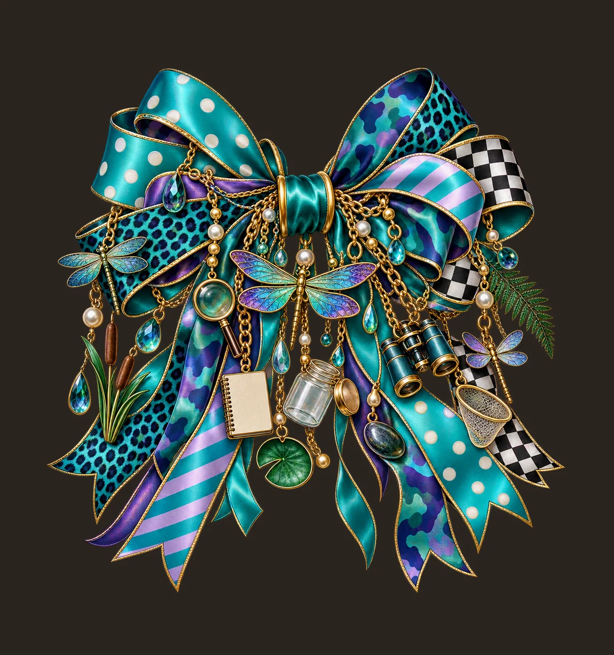 Dragonfly Lover Bow Charm PNG, Themed Gold Chain Charms, Coquette Ribbon Sublimation Design, Transparent Digital Download contrast preview thumbnail