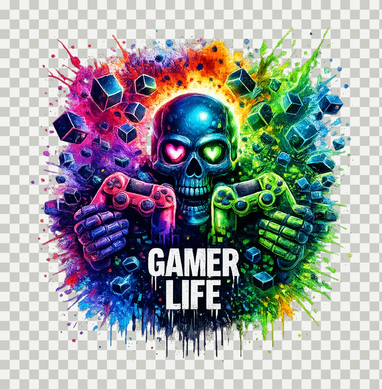 Gamer Life Shirt Neon Skull Gaming Controller Graffiti Spray transparency and detail preview thumbnail