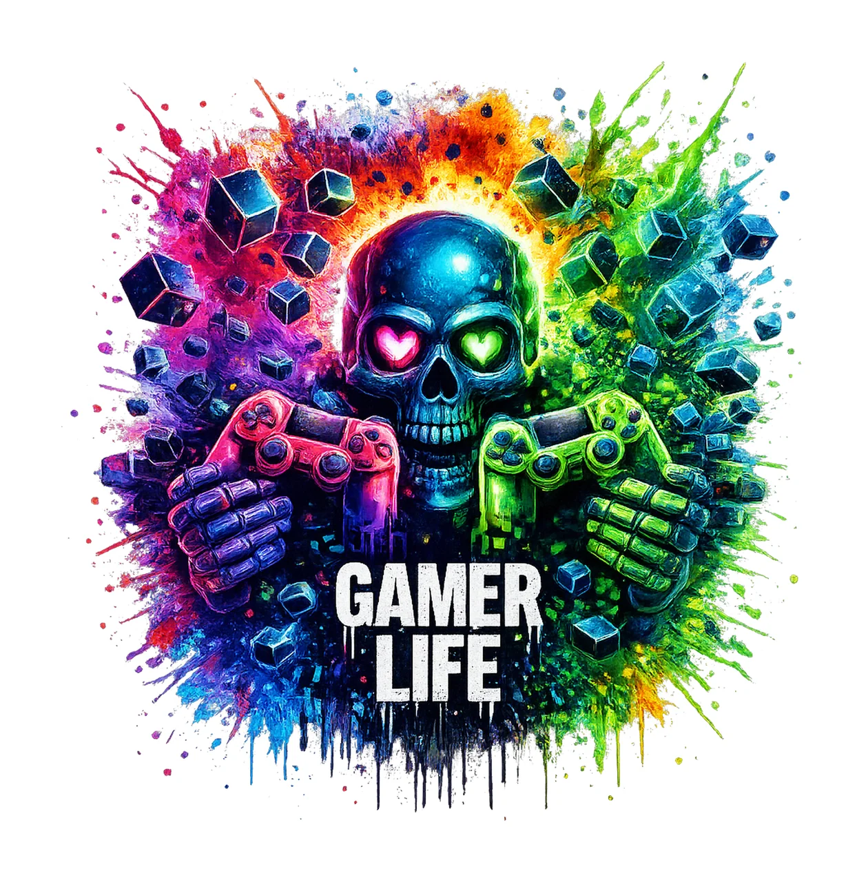 Gamer Life Shirt Neon Skull Gaming Controller Graffiti Spray