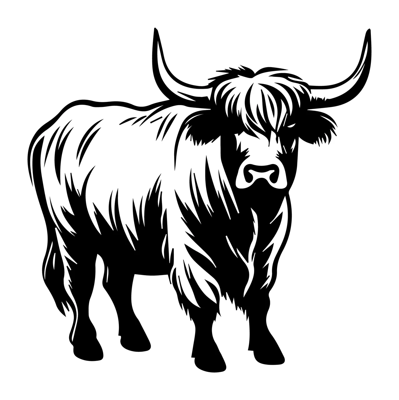 Highland Cow Standing Silhouette horns hair black white farm