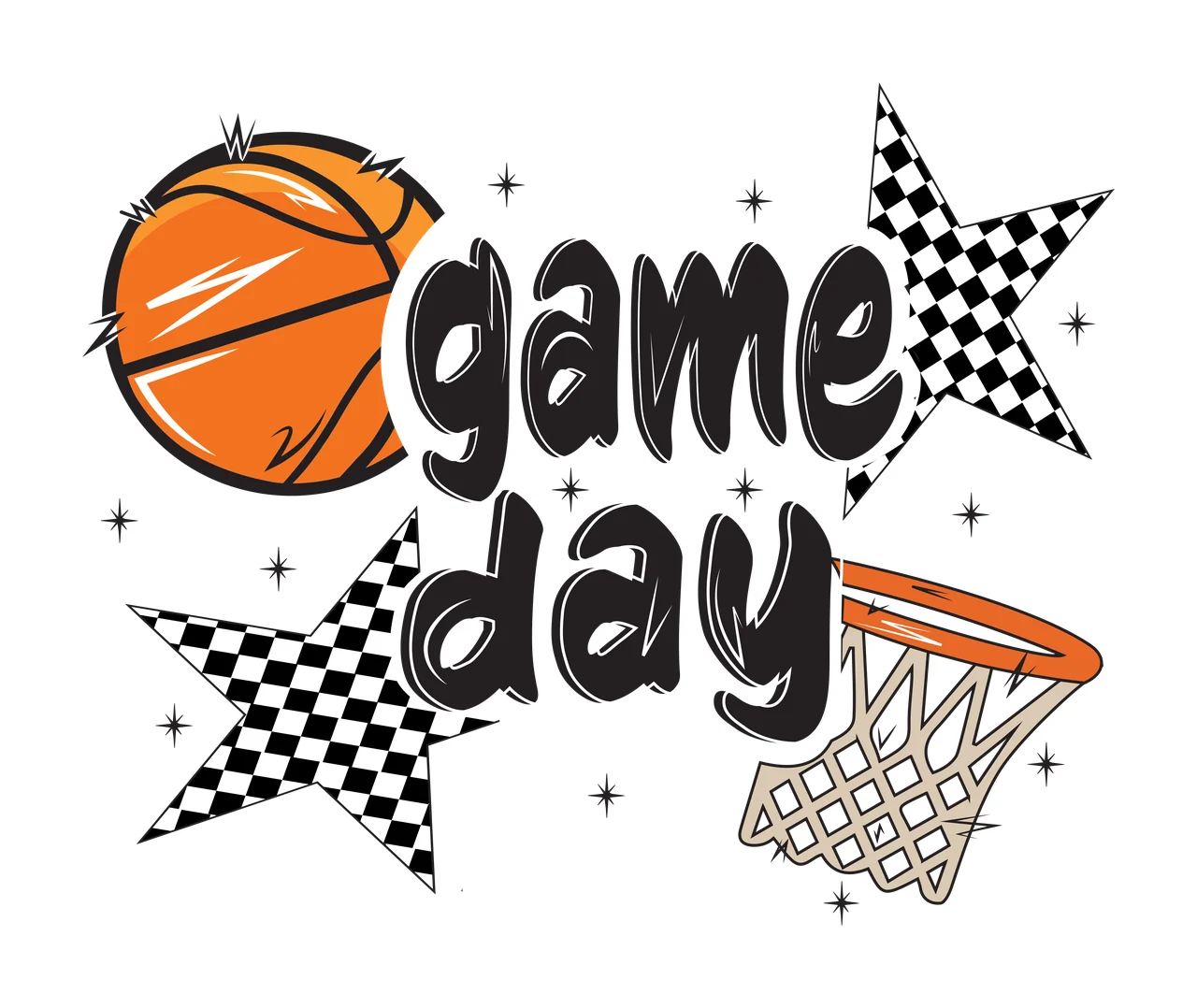 Game Day Basketball And Net Design hoop stars graphic art black