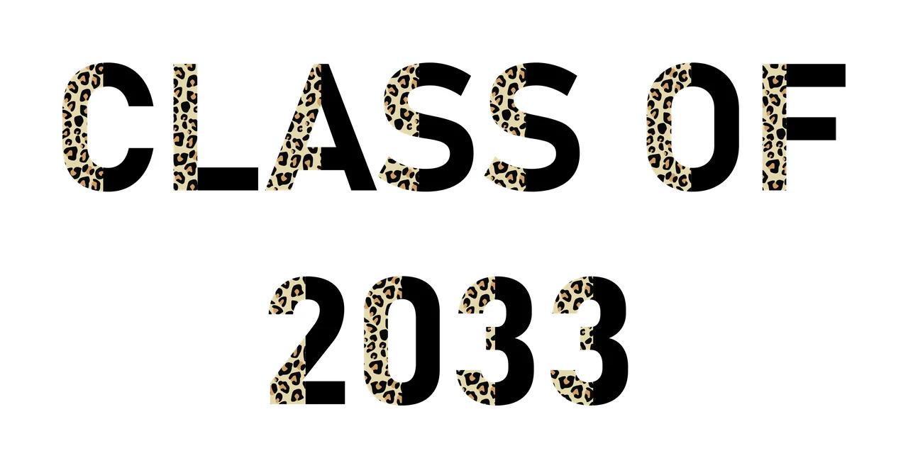 CLASS OF 2033 Typography Design with text, numbers, leopard print pattern and split lettering in black, tan and beige