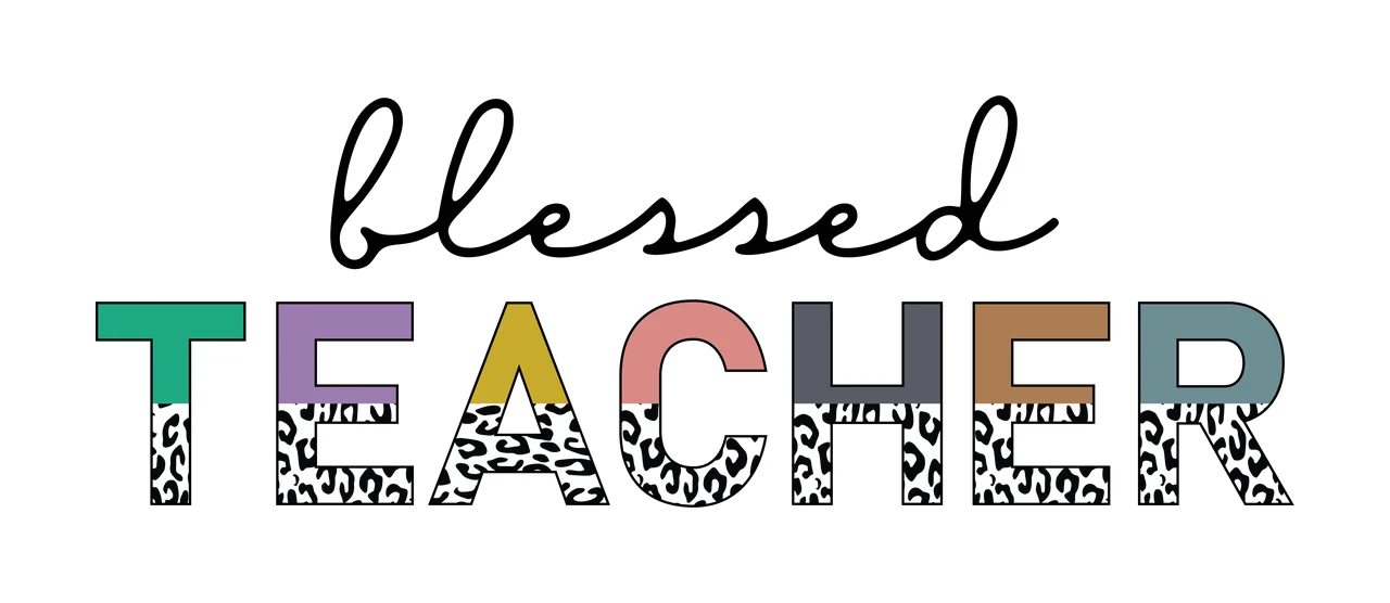 Blessed TEACHER Typography Design with black cursive 'blessed', multicolored block letters 'TEACHER', leopard print pattern on bottom of each letter and green purple yellow pink gray brown teal