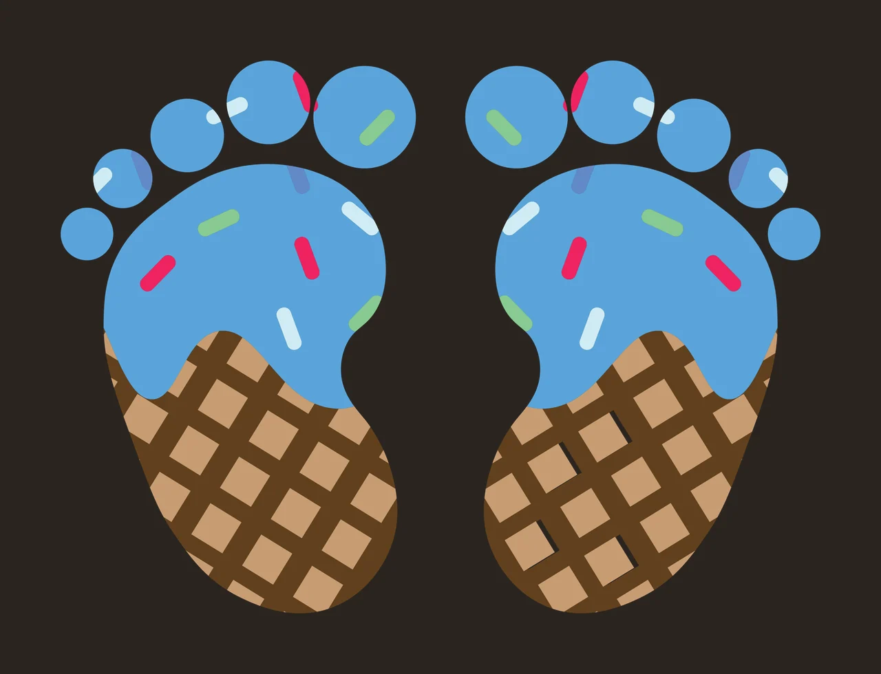 Ice cream footprints Illustration with blue ice cream scoop, brown waffle cone base, colorful sprinkles and footprint toe dots in red contrast preview thumbnail