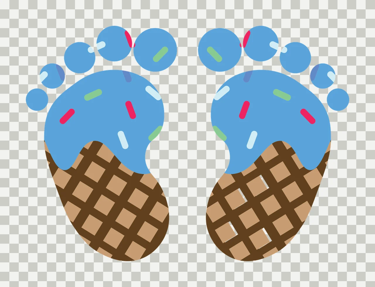 Ice cream footprints Illustration with blue ice cream scoop, brown waffle cone base, colorful sprinkles and footprint toe dots in red transparency and detail preview thumbnail