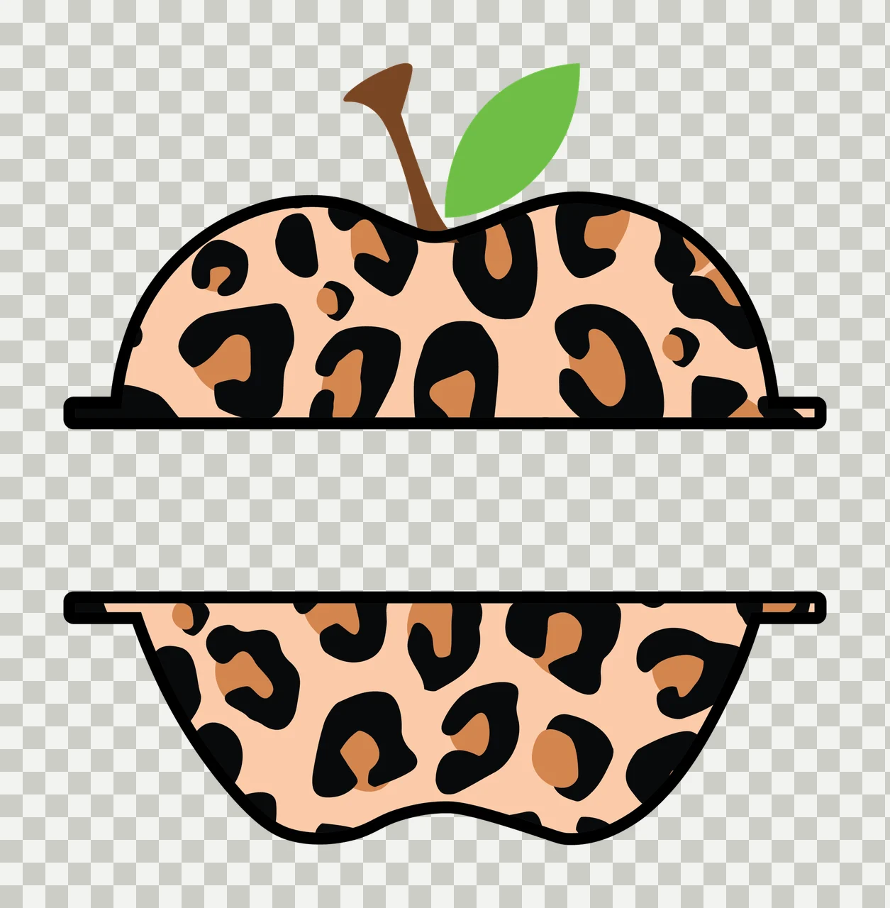 Apple With Peach Colored Leopard Print brown stem green leaf transparency and detail preview thumbnail