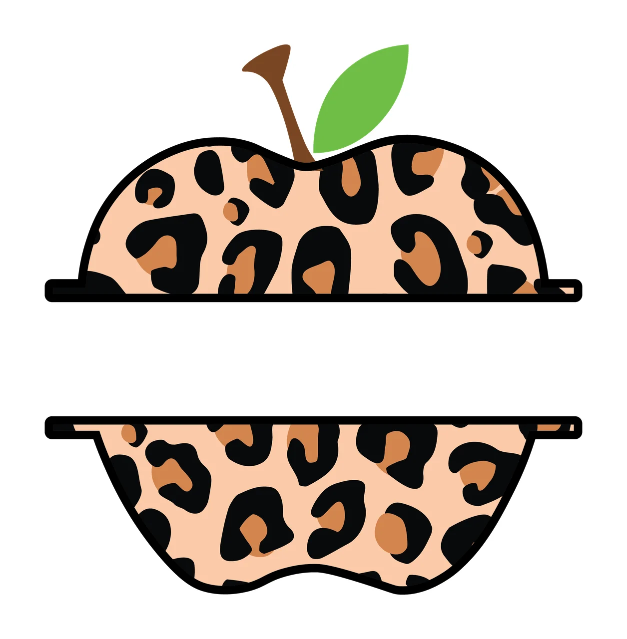 Apple With Peach Colored Leopard Print brown stem green leaf
