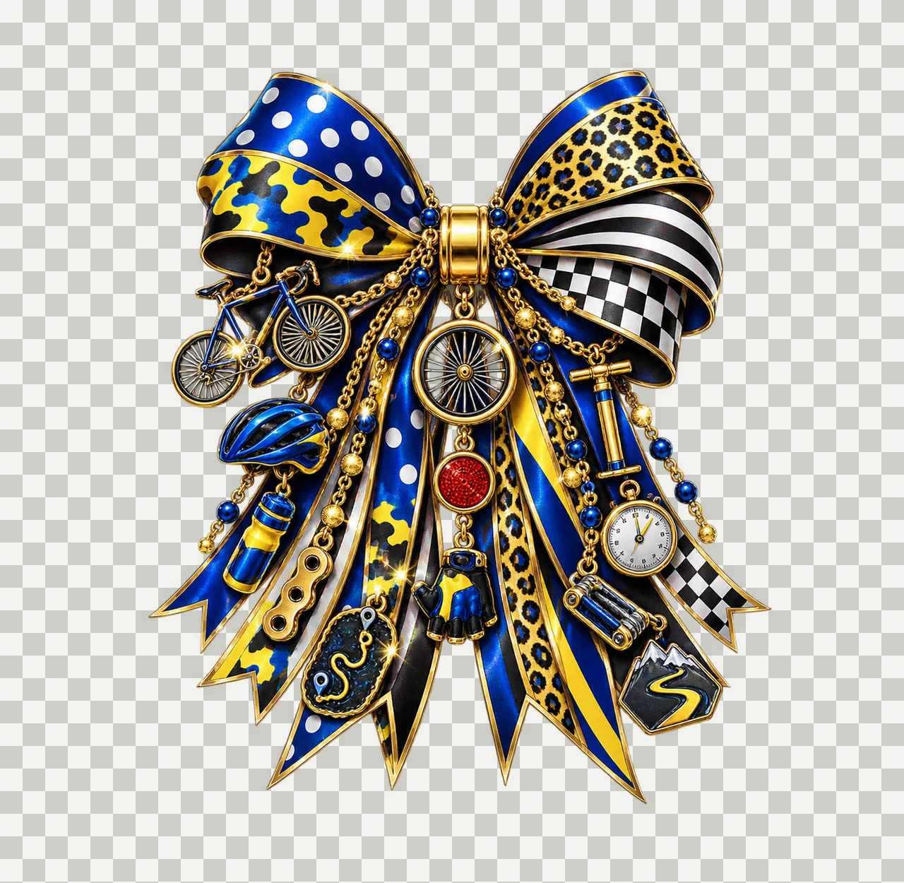 Cyclist Bow Charm PNG, Themed Gold Chain Charms, Coquette Ribbon Sublimation Design, Transparent Digital Download transparency and detail preview thumbnail