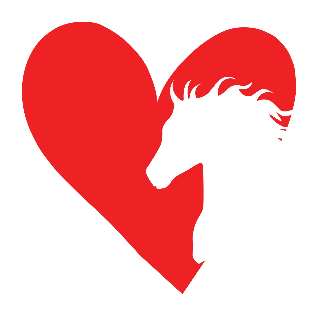 Heart-shaped silhouette with embedded horse head profile Illustration with red heart, white horse head and horse mane details
