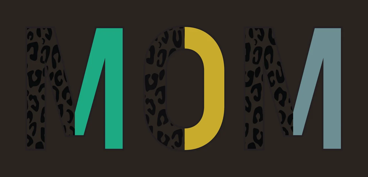 MOM Typography Design with black and white leopard print, split letters, black outline and block typography in teal contrast preview thumbnail