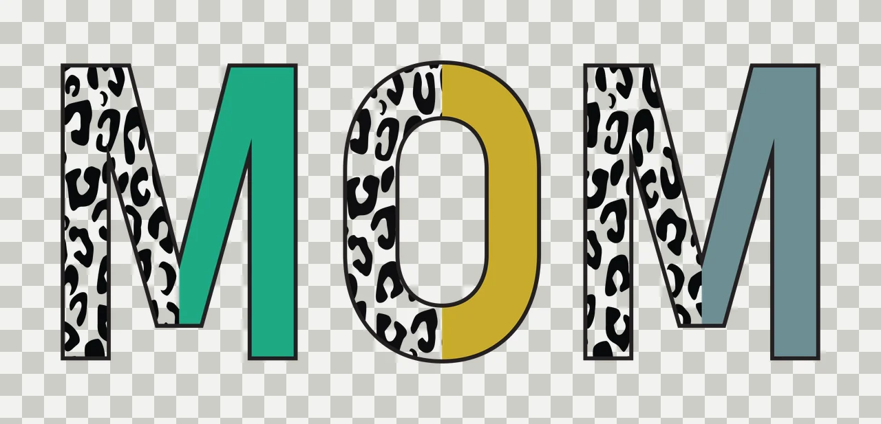 MOM Typography Design with black and white leopard print, split letters, black outline and block typography in teal transparency and detail preview thumbnail