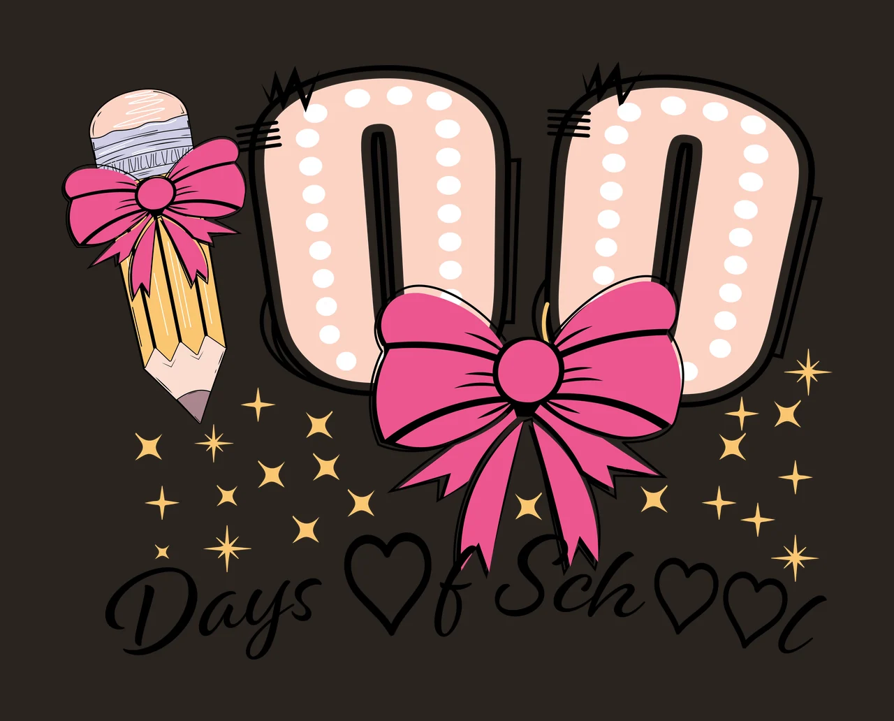 Bow 100 Days Of School With Stars celebrating hearts black contrast preview thumbnail
