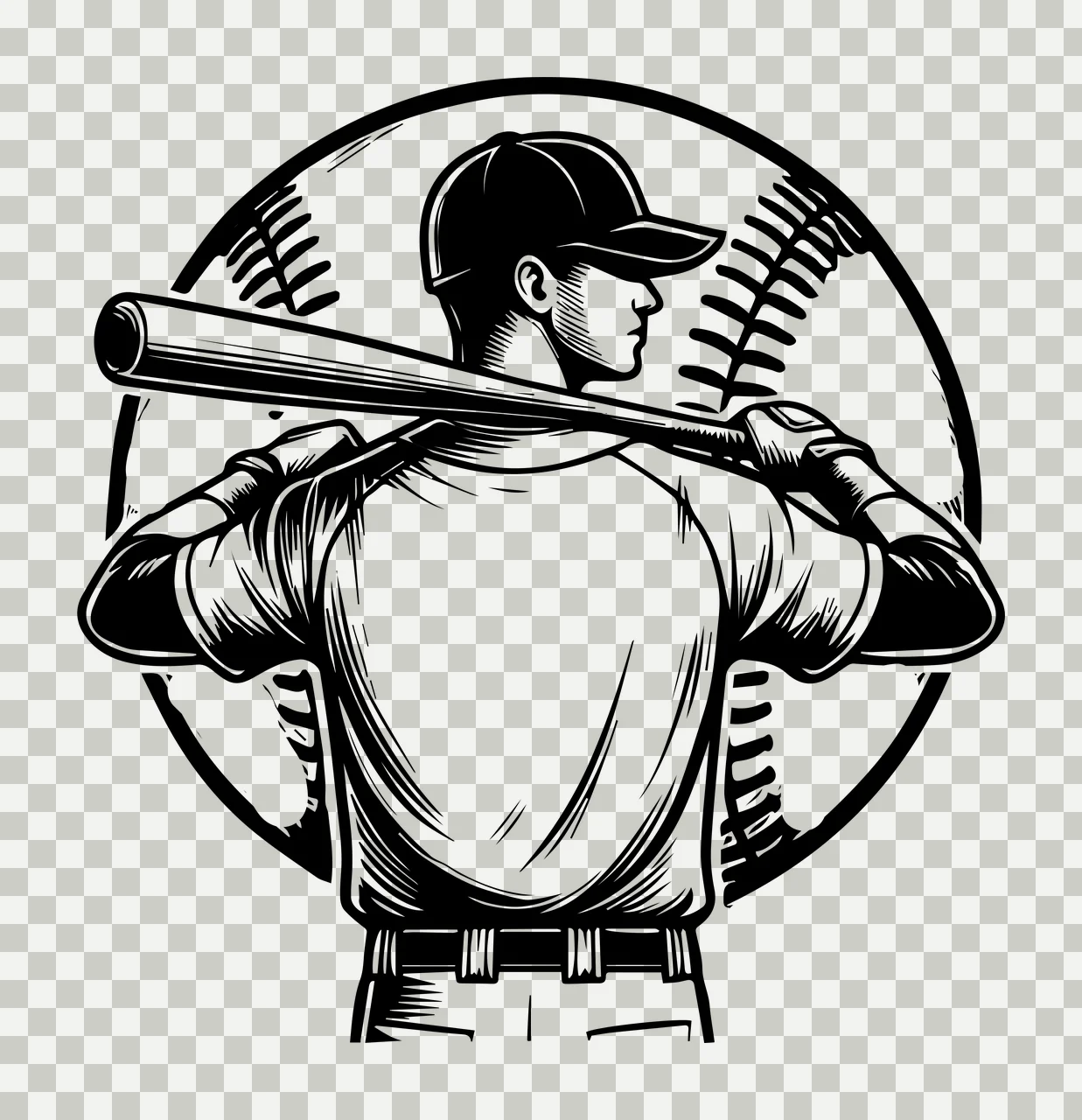 Baseball Player Player On Silhouette Holding Bat sketch black transparency and detail preview thumbnail