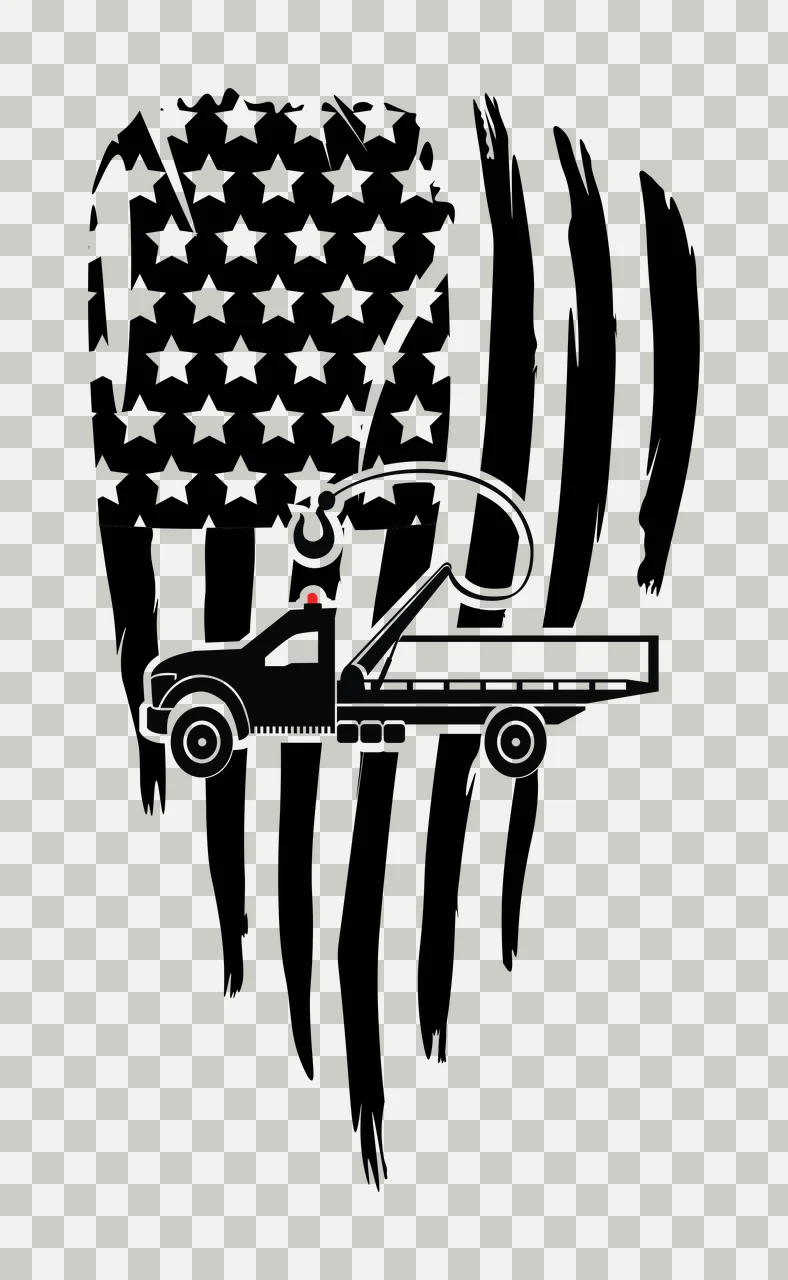 tow truck with flag, stars, stripes in black, white distressed Style transparency and detail preview thumbnail