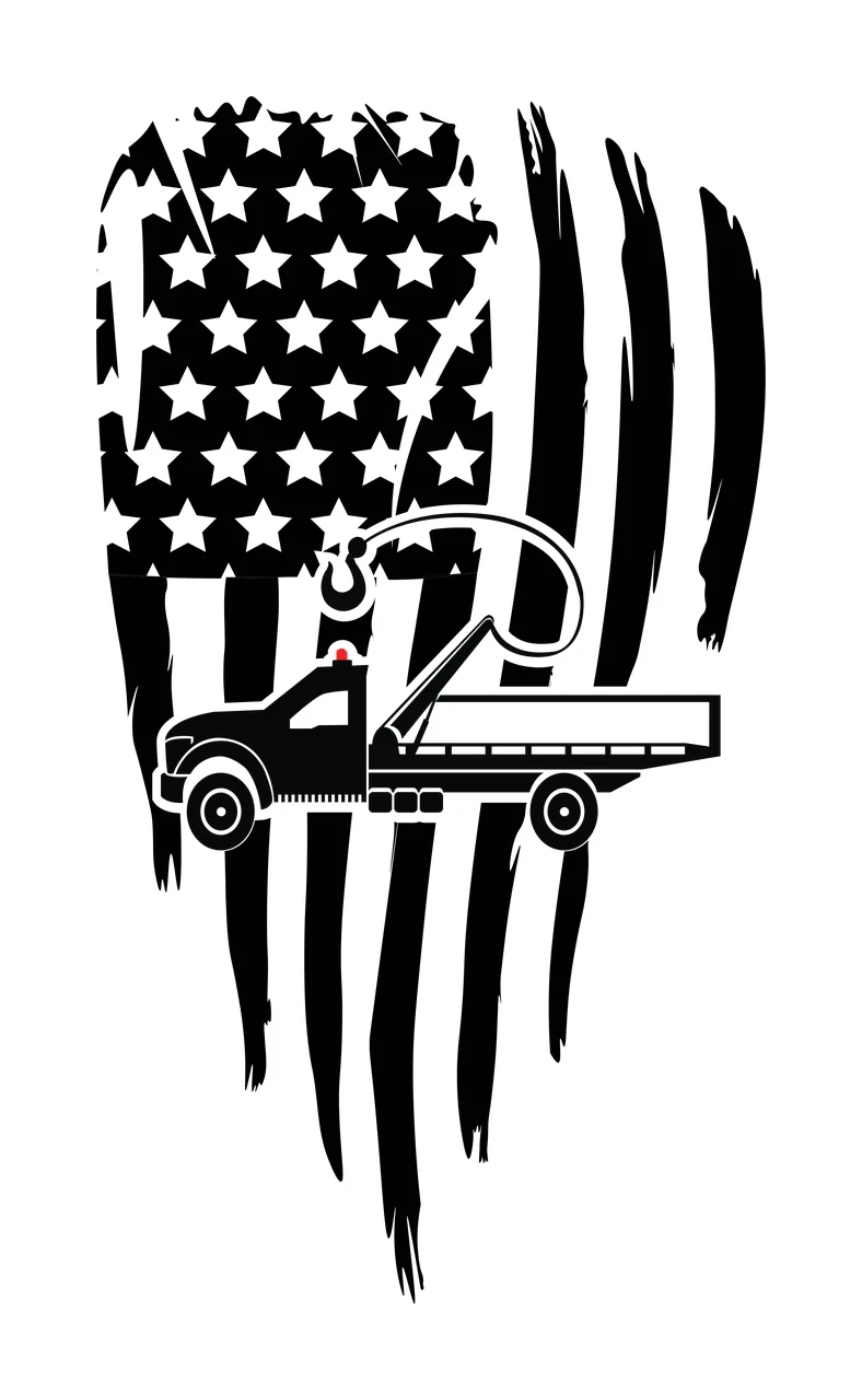 tow truck with flag, stars, stripes in black, white distressed Style