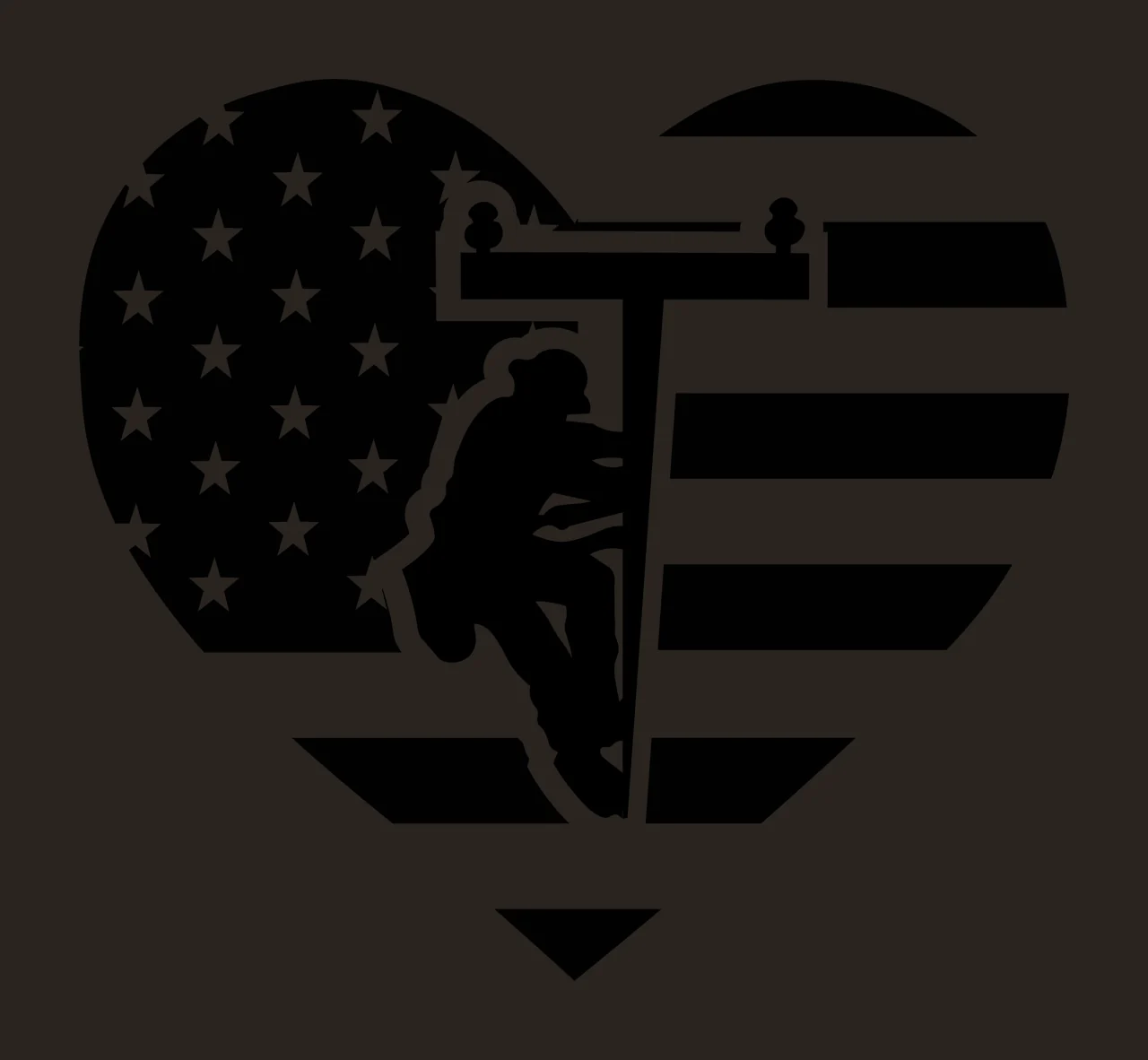Silhouette Design of lineworker climbing utility pole with heart shape, american flag, stars and stripes in black and white contrast preview thumbnail