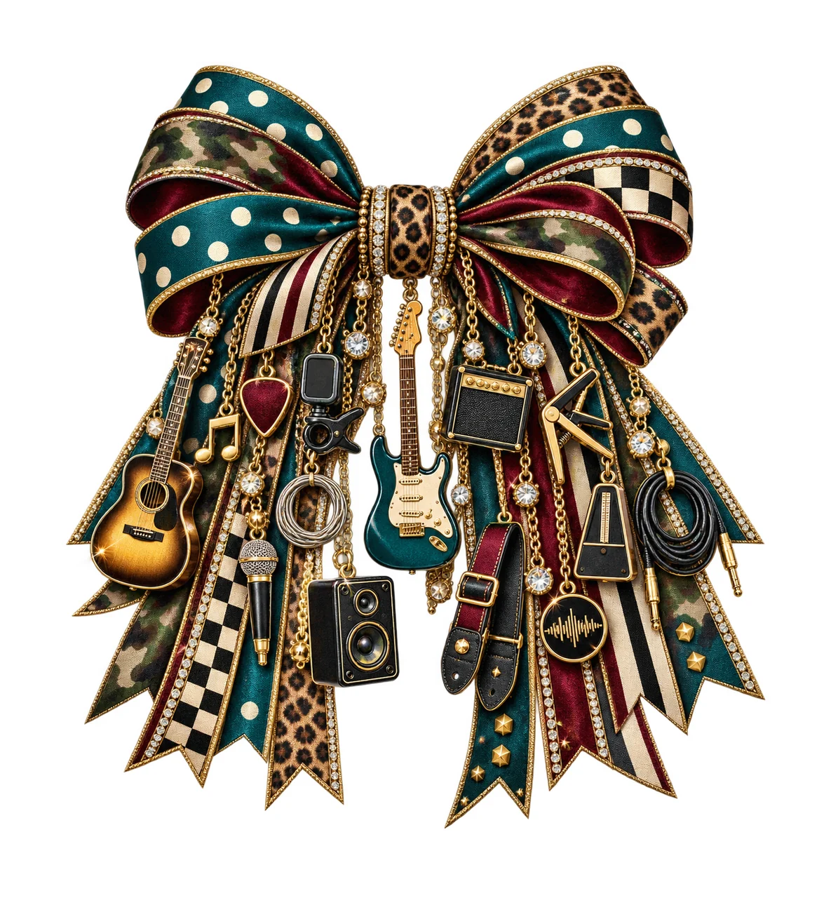 Guitar Player Bow Charm PNG, Themed Gold Chain Charms, Coquette Ribbon Sublimation Design, Transparent Digital Download