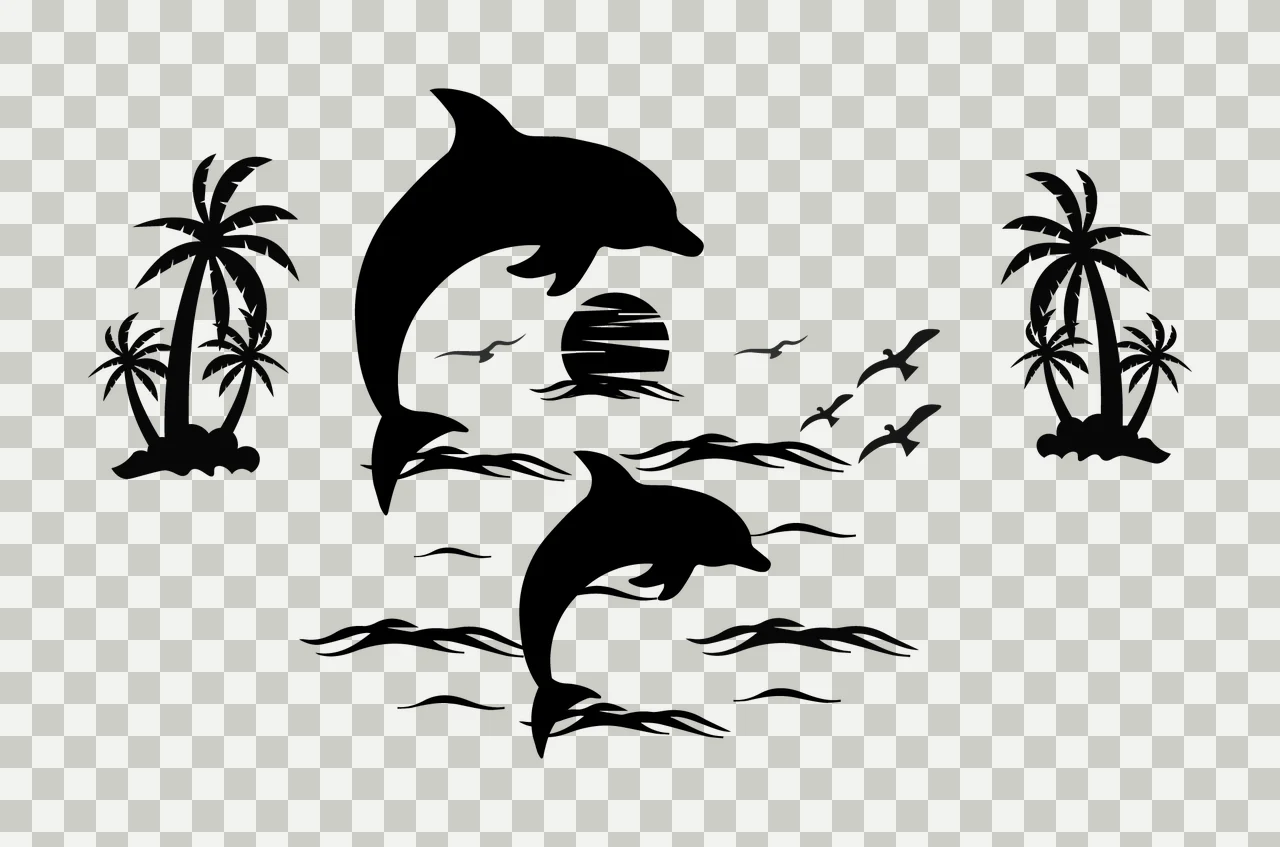 Palm Tree Dolphins Leaping Before Sunset And Palms trees sun transparency and detail preview thumbnail