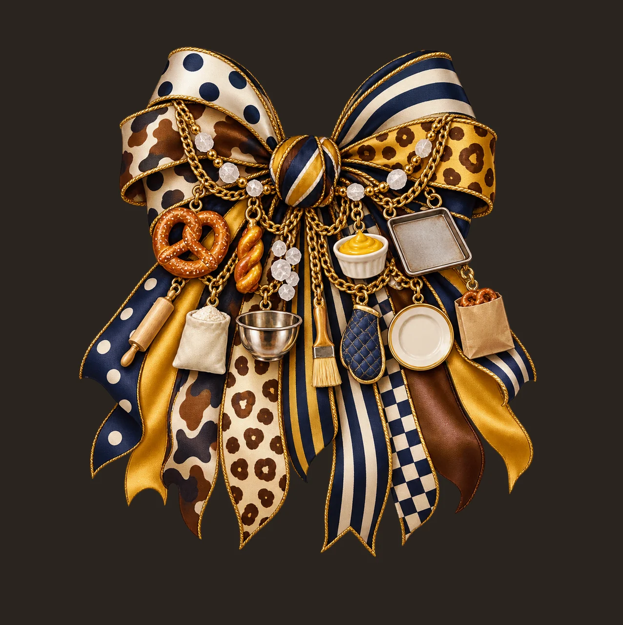 Pretzel Lover Bow Charm PNG, Themed Gold Chain Charms, Coquette Ribbon Sublimation Design, Transparent Digital Download contrast preview thumbnail
