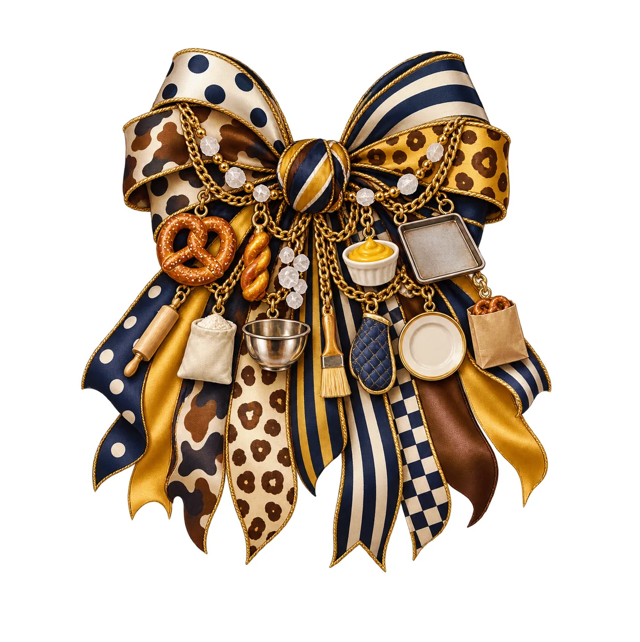 Pretzel Lover Bow Charm PNG, Themed Gold Chain Charms, Coquette Ribbon Sublimation Design, Transparent Digital Download