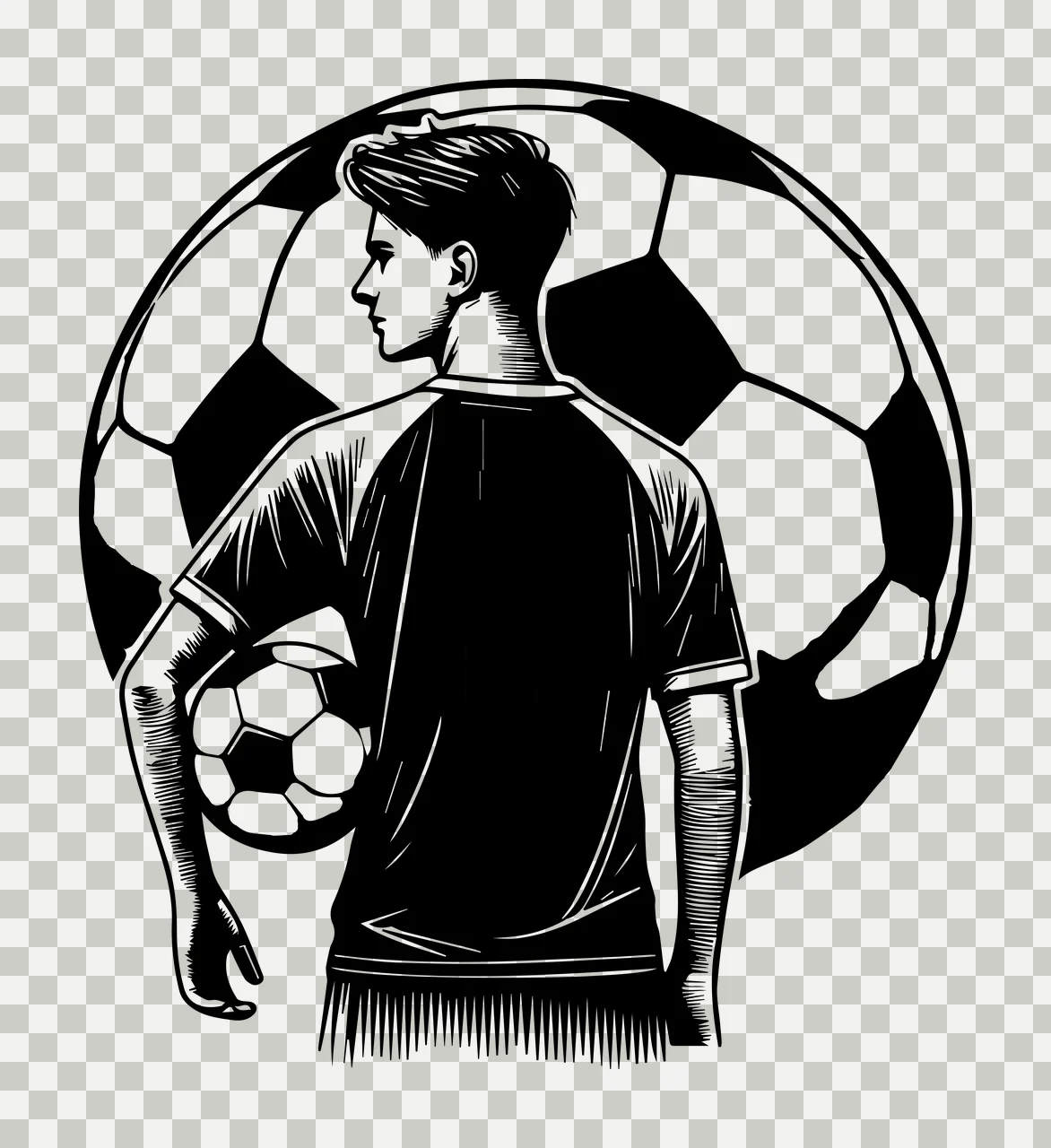 Ball Person With Football Against Sphere Background holding transparency and detail preview thumbnail