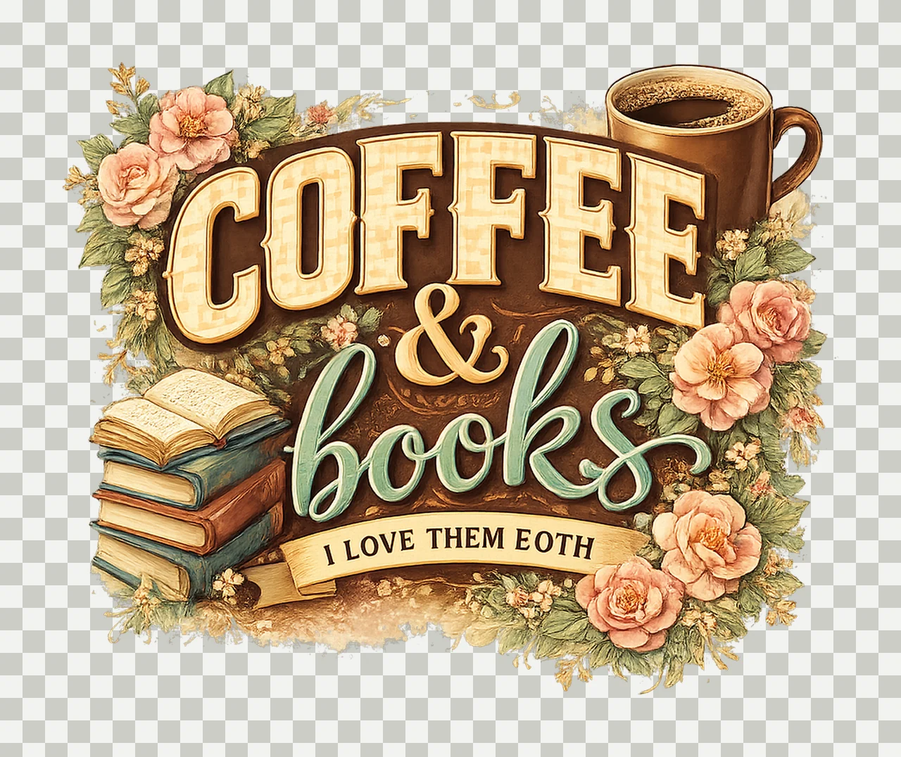 Coffee and Books Floral Artwork Cozy Reading Design Book transparency and detail preview thumbnail