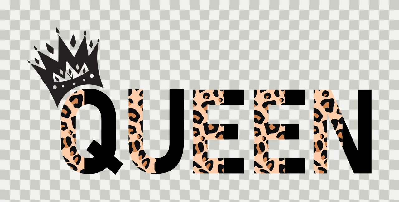 QUEEN Typography Design with QUEEN text, crown, leopard print and solid black in tan transparency and detail preview thumbnail