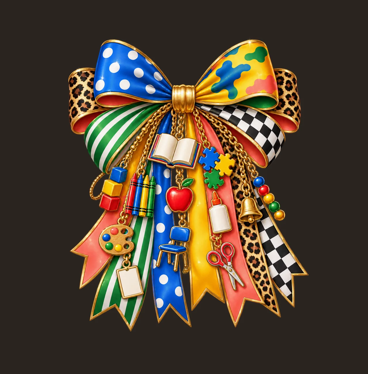 Kindergarten Teacher Bow Charm PNG, Themed Gold Chain Charms, Coquette Ribbon Sublimation Design, Transparent Digital Download contrast preview thumbnail
