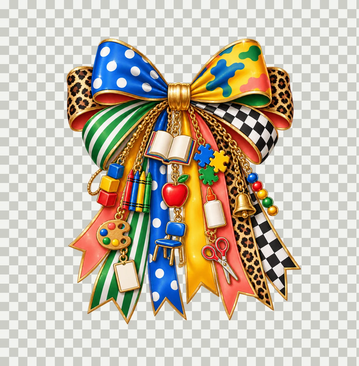 Kindergarten Teacher Bow Charm PNG, Themed Gold Chain Charms, Coquette Ribbon Sublimation Design, Transparent Digital Download transparency and detail preview thumbnail