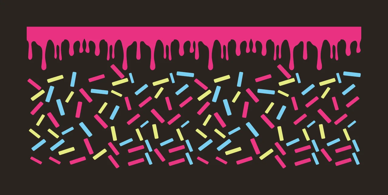 Icing and sprinkles Illustration with pink icing drip, scattered sprinkles, rectangular shapes and top border in blue and yellow contrast preview thumbnail