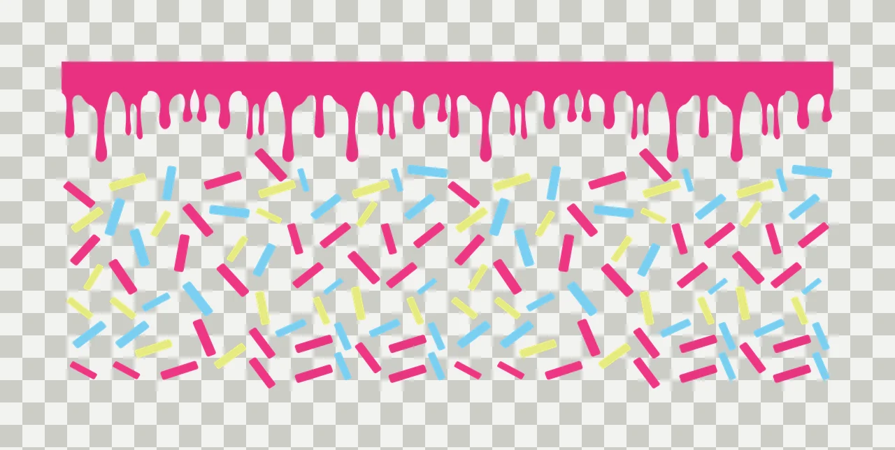Icing and sprinkles Illustration with pink icing drip, scattered sprinkles, rectangular shapes and top border in blue and yellow transparency and detail preview thumbnail