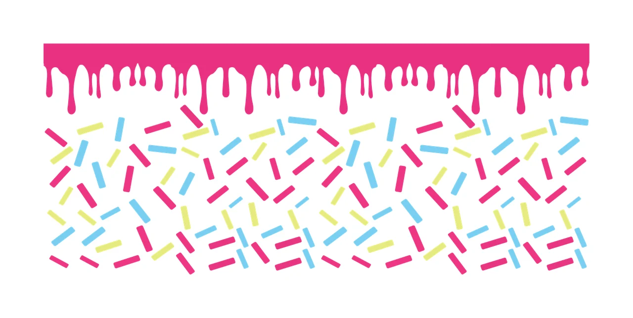 Icing and sprinkles Illustration with pink icing drip, scattered sprinkles, rectangular shapes and top border in blue and yellow