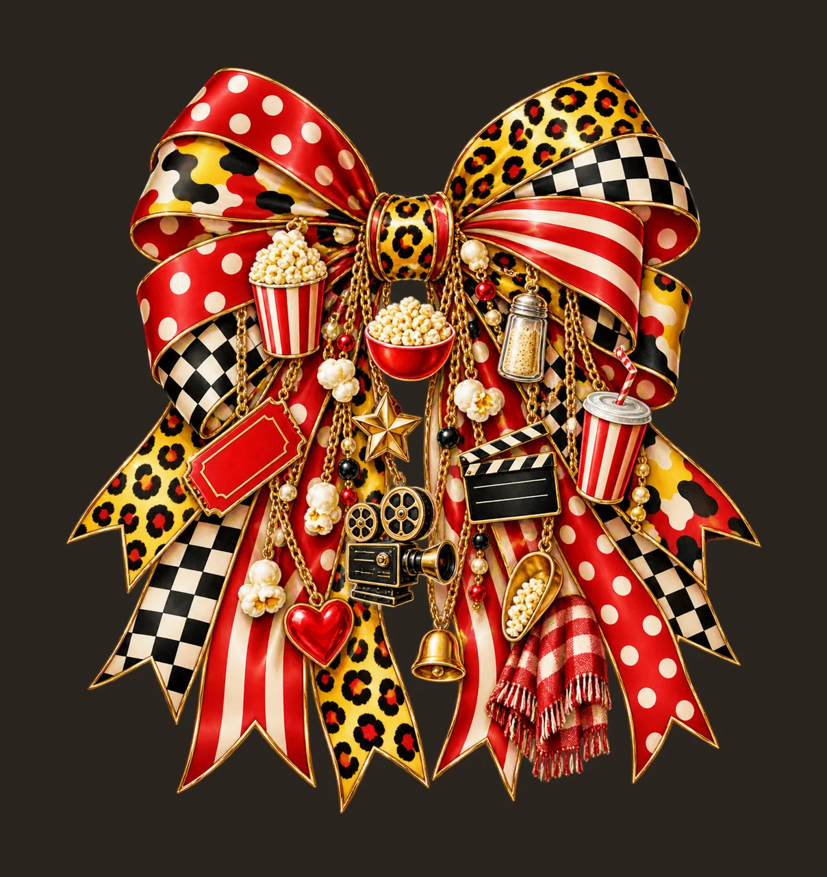 Popcorn Lover Bow Charm PNG, Popcorn Bucket Kernel Movie Reel and Ticket Charms, Snack Sublimation Design contrast preview thumbnail