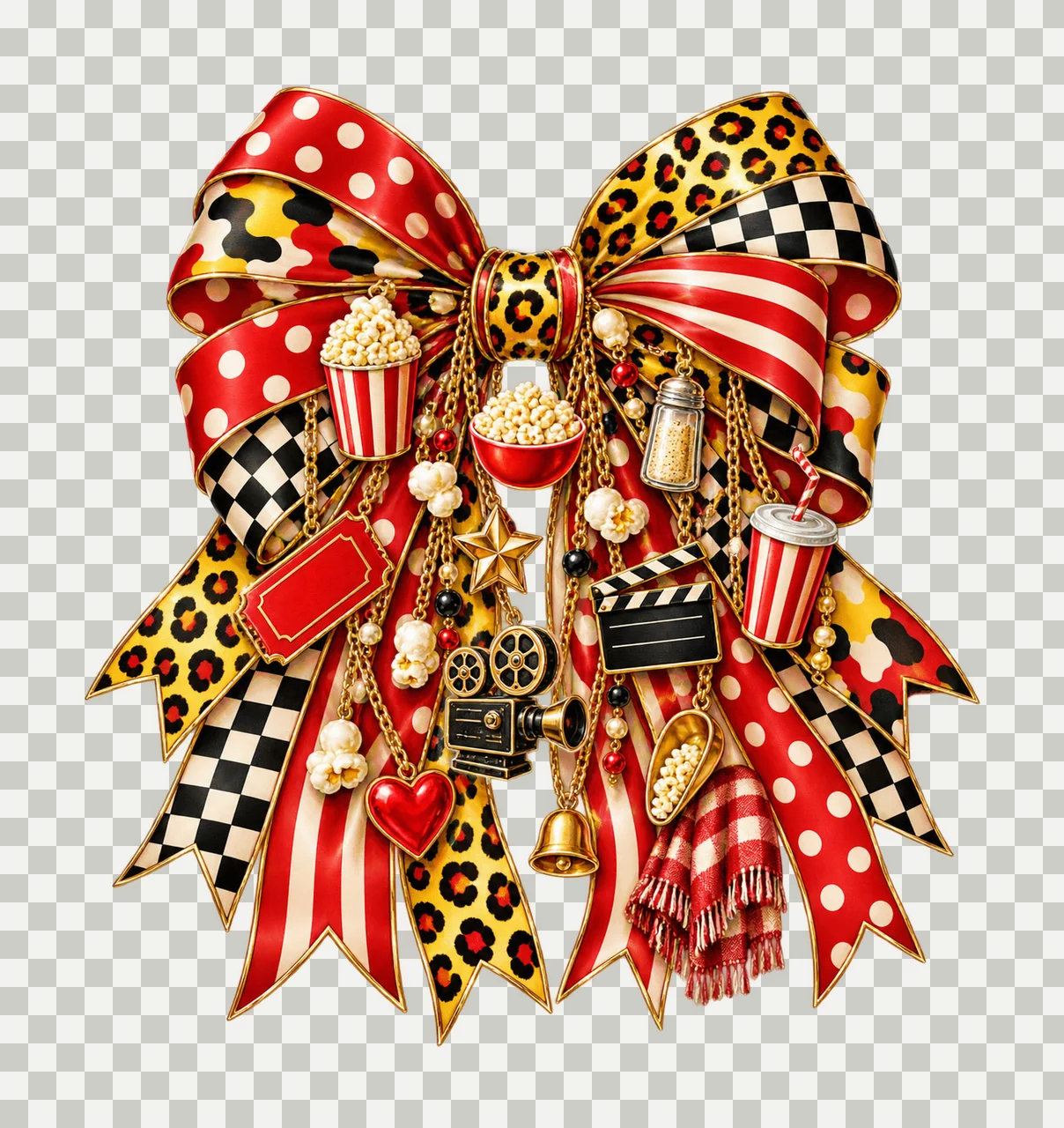 Popcorn Lover Bow Charm PNG, Popcorn Bucket Kernel Movie Reel and Ticket Charms, Snack Sublimation Design transparency and detail preview thumbnail