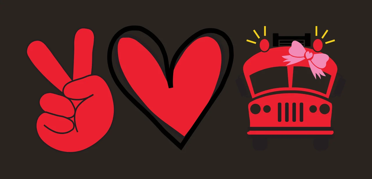 Peace love fire truck icons Illustration with peace hand sign, heart icon, pink bow and emergency lights in red and black contrast preview thumbnail