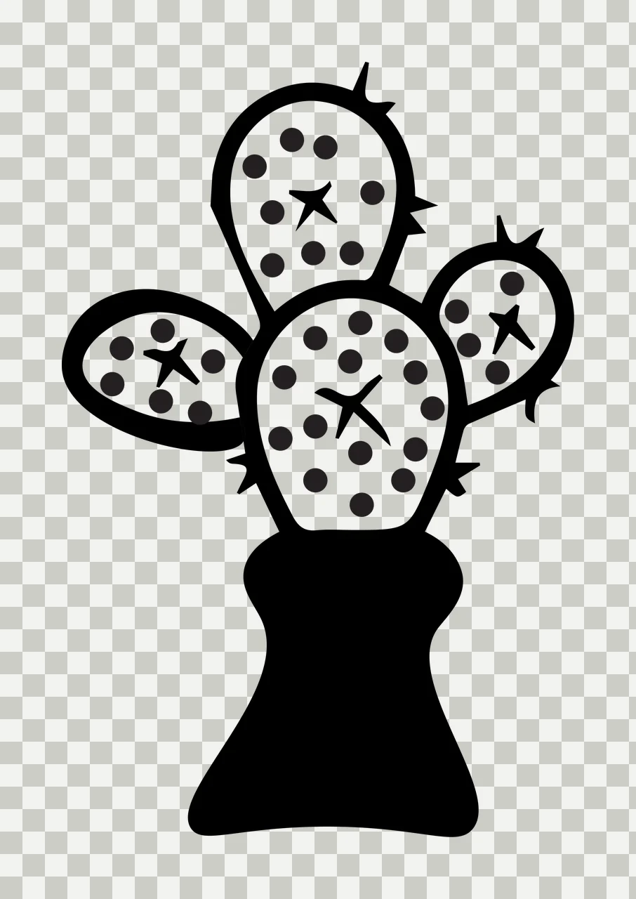Cactus silhouette Illustration with black cactus with white pads, black dots on pads, black star-shaped spines and black vase base transparency and detail preview thumbnail