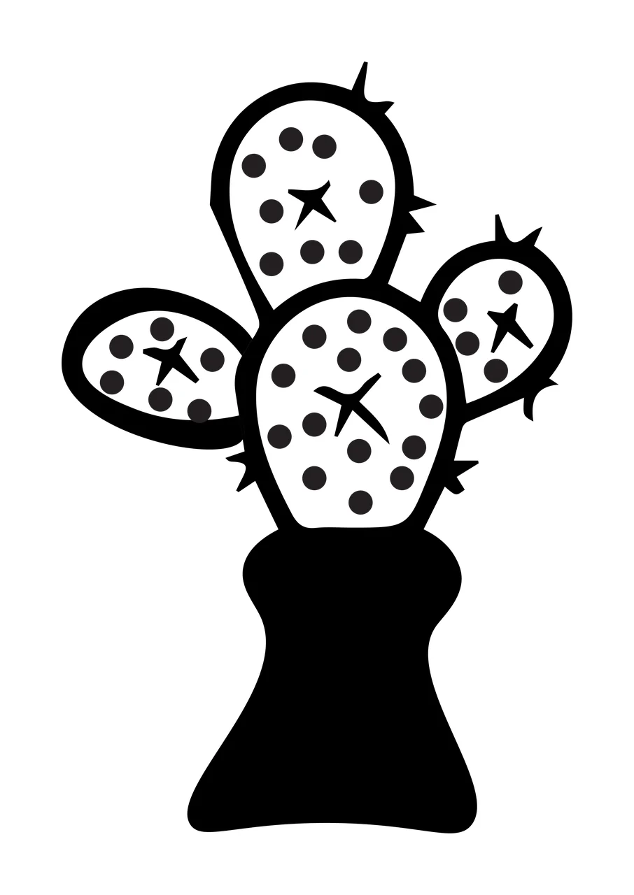 Cactus silhouette Illustration with black cactus with white pads, black dots on pads, black star-shaped spines and black vase base