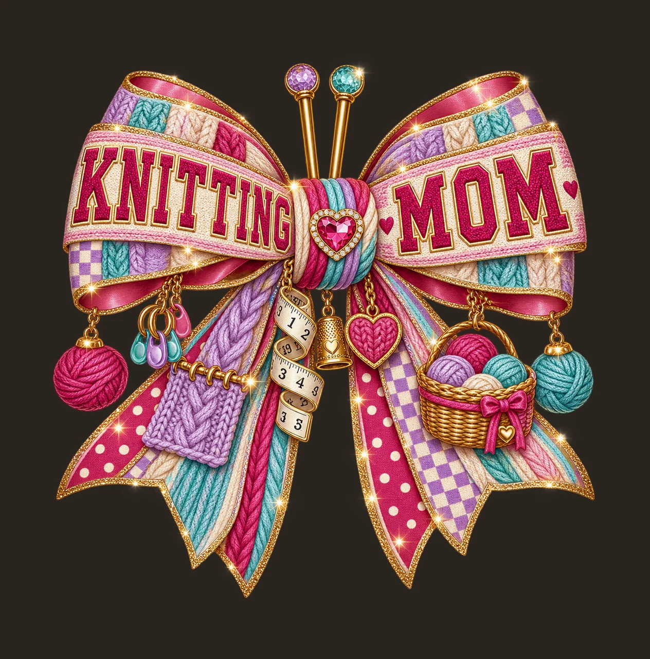 Knitting Mom Bow Charm PNG, Patterned Varsity Mom Ribbon Clipart, Transparent Sublimation Digital Download contrast preview thumbnail
