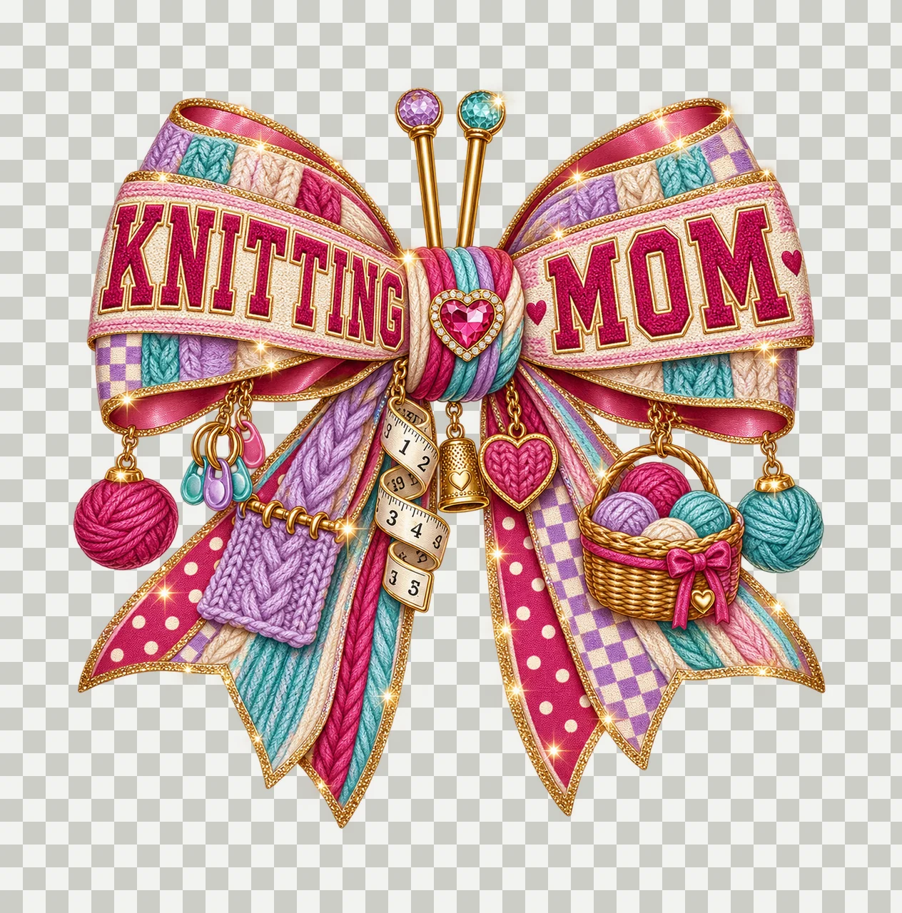 Knitting Mom Bow Charm PNG, Patterned Varsity Mom Ribbon Clipart, Transparent Sublimation Digital Download transparency and detail preview thumbnail