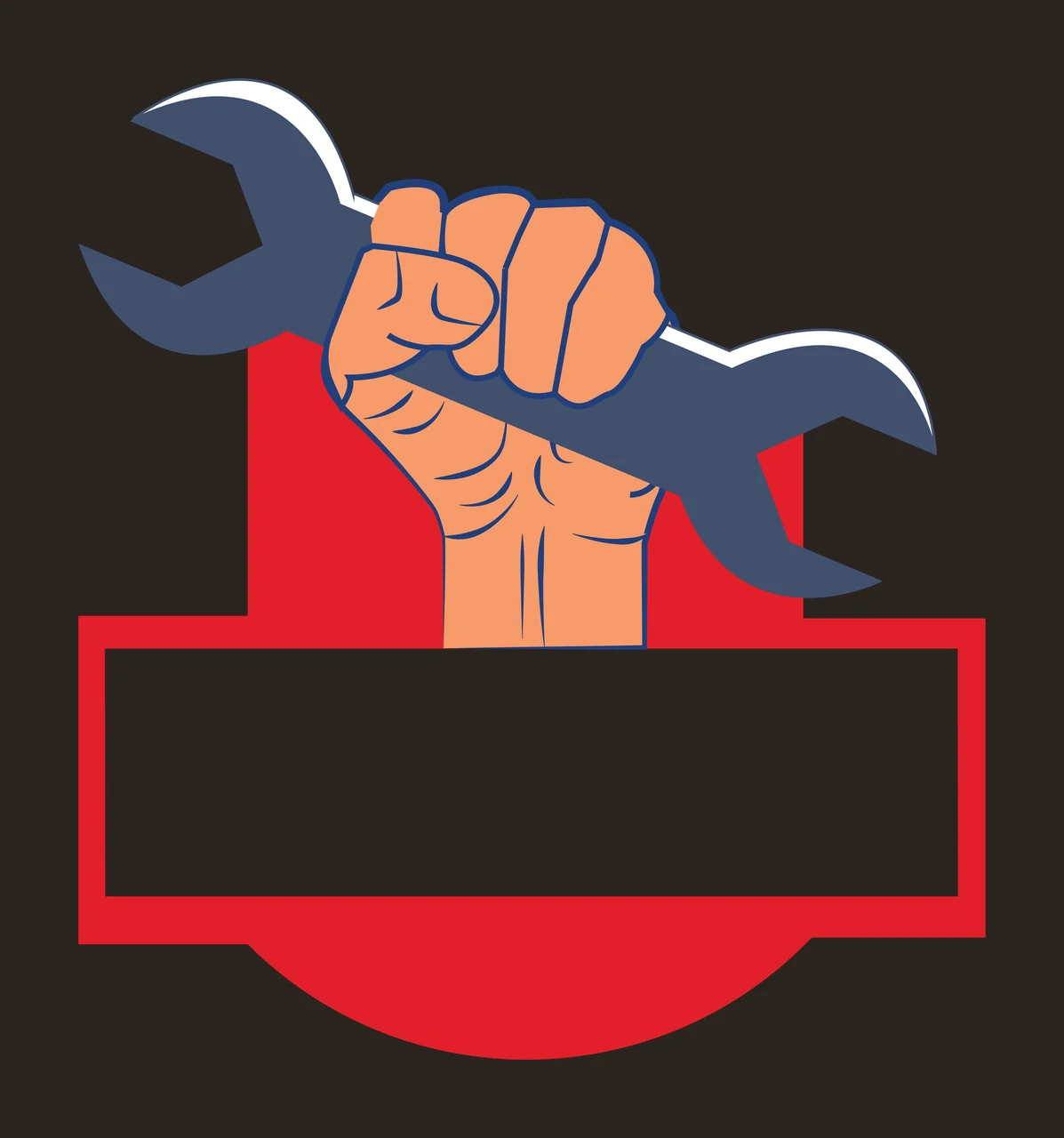 Red shield-shaped badge with orange fist holding blue wrench Illustration with white rectangular label contrast preview thumbnail