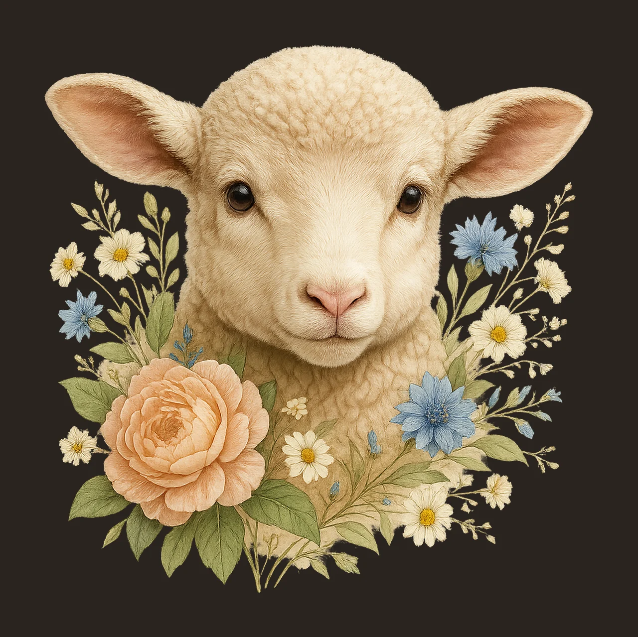 Sheep Cute Sheep Artwork Farm Animals Lamb Pink Flowers contrast preview thumbnail
