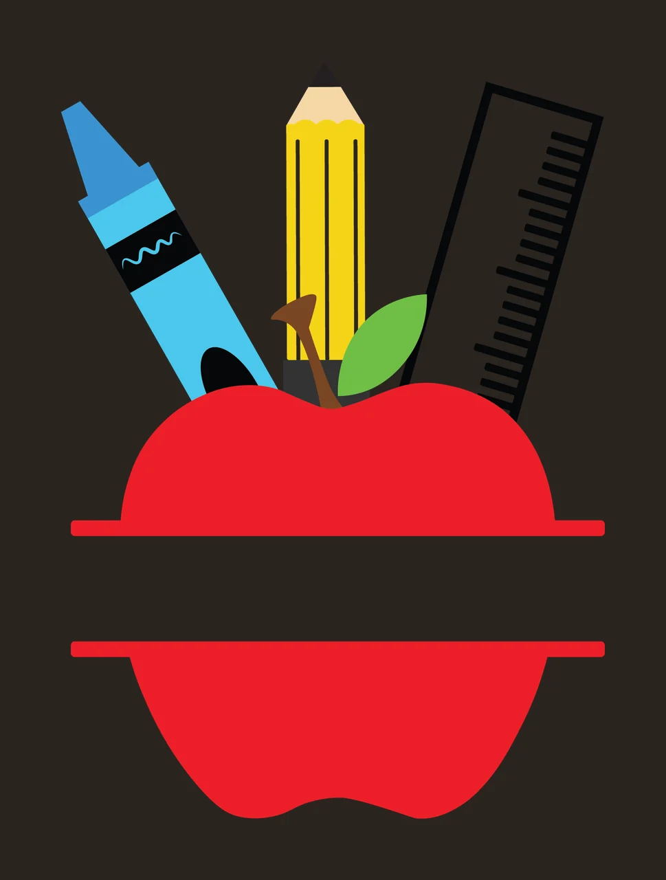 Red Apple With Blue Crayon And Yellow Pencil black ruler contrast preview thumbnail