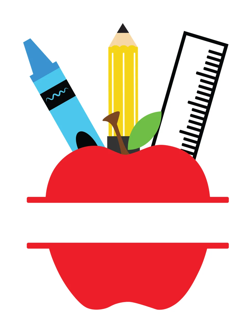 Red Apple With Blue Crayon And Yellow Pencil black ruler