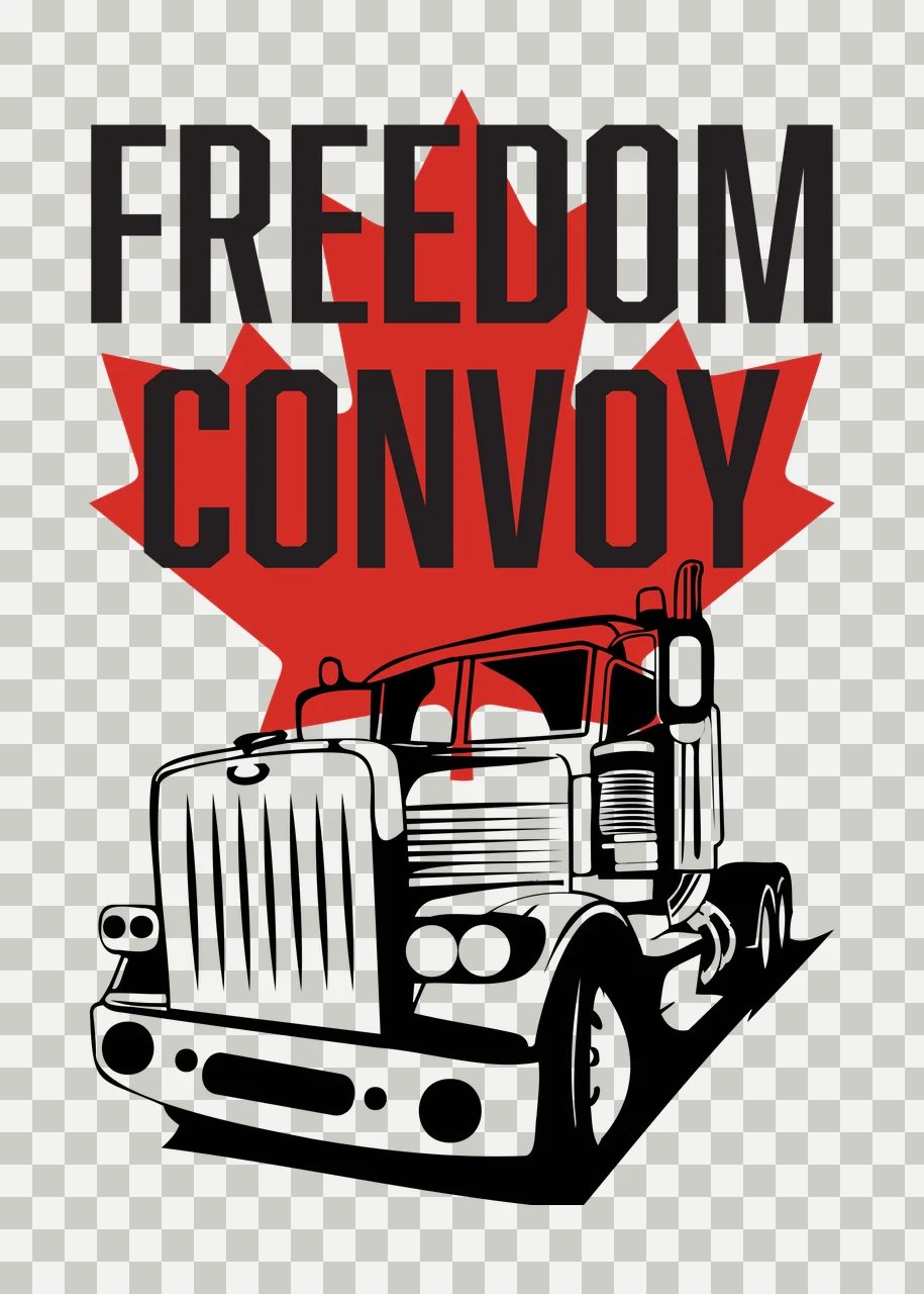 FREEDOM CONVOY Typography Design with red maple leaf, black bold text 'FREEDOM CONVOY', black-and-white semi-truck front view and black shadow under truck transparency and detail preview thumbnail