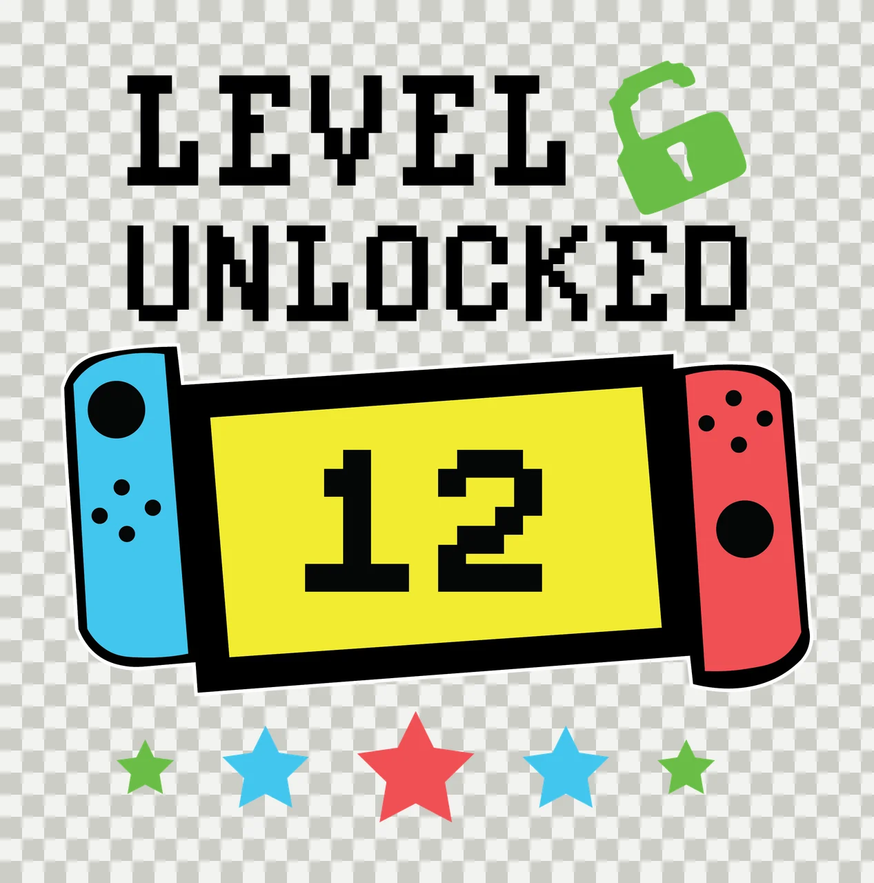 Level Unlocked Pixel Text With Banner And Stars Display padlock transparency and detail preview thumbnail