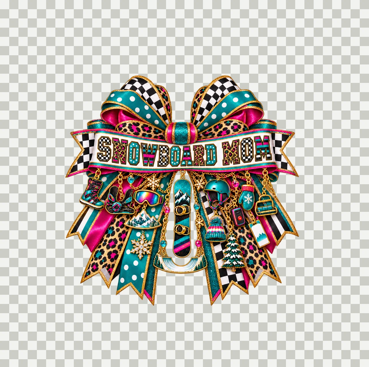 Snowboard Mom Bow Charm PNG, Patterned Varsity Mom Ribbon Clipart, Transparent Sublimation Digital Download transparency and detail preview thumbnail