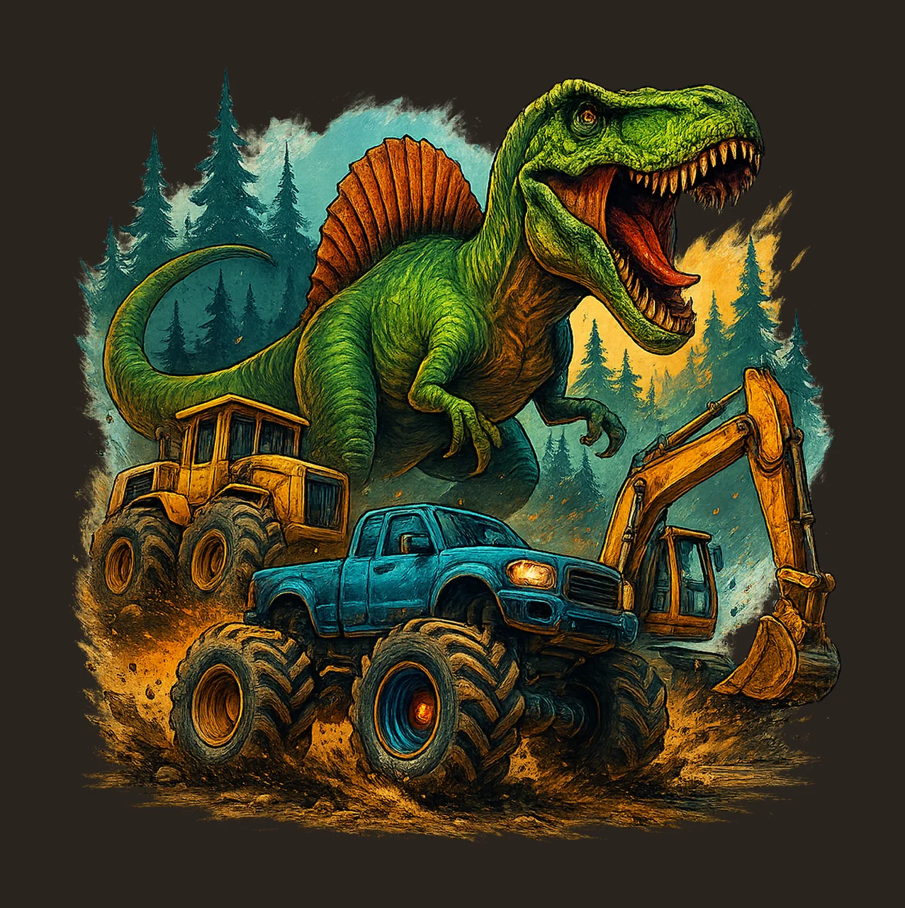 Dinosaur Rex Tumbler Bulldozer Watercolor Sublimation Design contrast preview thumbnail