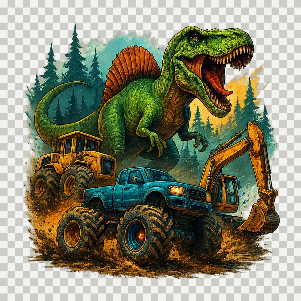 Dinosaur Rex Tumbler Bulldozer Watercolor Sublimation Design transparency and detail preview thumbnail